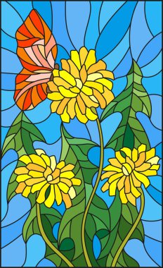 Vitray tarzı çiçek karahindiba ve kelebek mavi bir arka plan üzerinde resimde