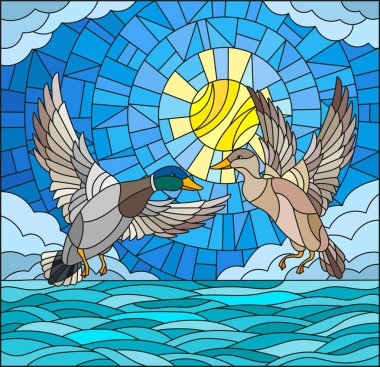 Vitray stili arka plan ördekleri çifti ile çizimde gündüz gökyüzü, su ve bulutlar