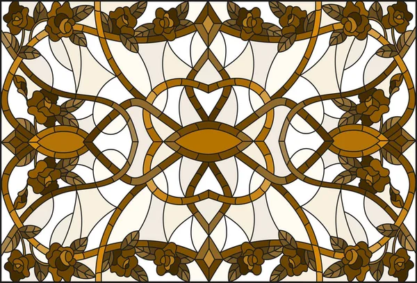 Illustration en vitrail avec des tourbillons abstraits et des feuilles sur un fond clair, orientation horizontale, sépia — Image vectorielle