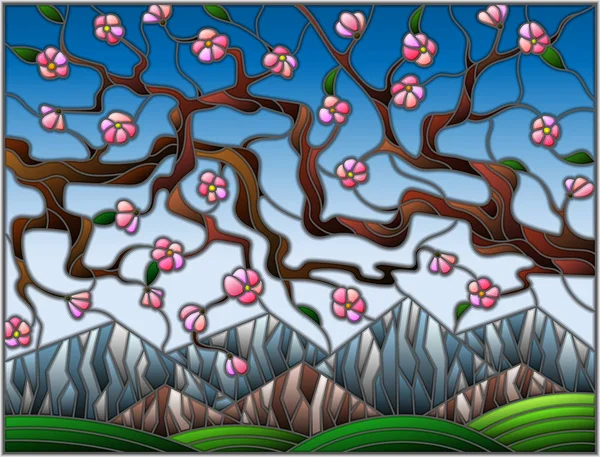 Ilustración en estilo vitral con las flores de cerezo sobre un fondo de montañas y cielo — Vector de stock