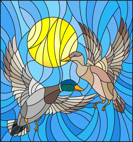 Illustration en vitrail avec une paire de canards sur le fond du ciel diurne et des nuages — Image vectorielle