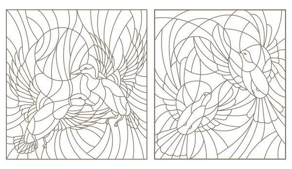 空と太陽の下でハトやカモのステンド グラス鳥ペアのイラストが輪郭を設定します。 — ストックベクタ