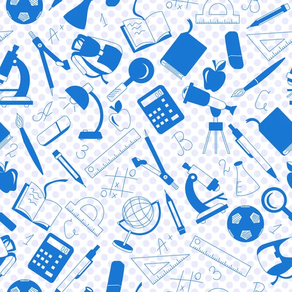 Okulu, simgeler lekeli zemin üzerine mavi siluetleri konulu seamless modeli