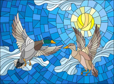 Gökyüzü, güneşin ve bulutların vitray tarzı ile arka planda iki ördek çizimi