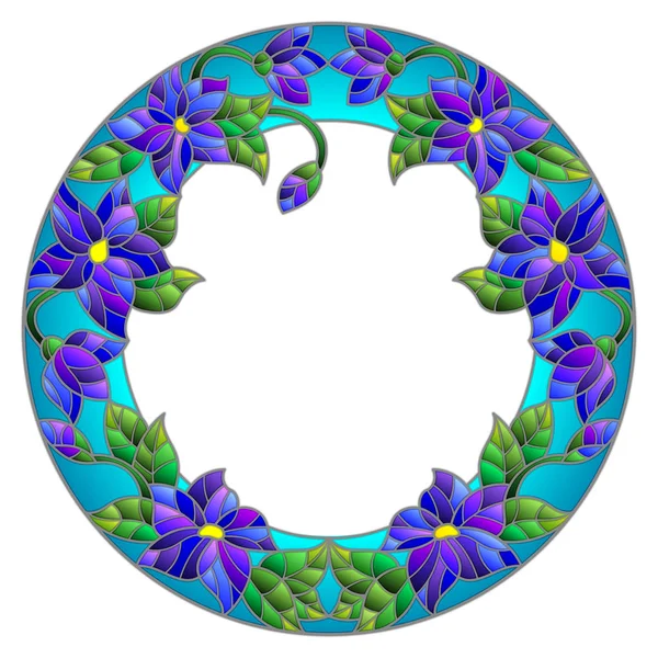 Illusztráció ólomüveg virág keret, kék virágok és levelek, fehér alapon — Stock Vector