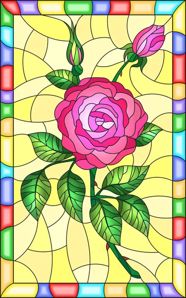 Illustration im Glasmalerei-Stil Blume rosa Rose auf gelbem Hintergrund in einem hellen Rahmen — Stockvektor