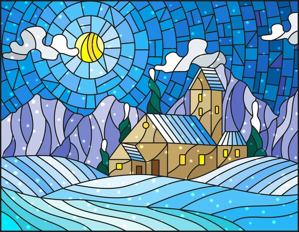 Ilustrasi dalam gaya kaca patri dengan lanskap musim dingin abstrak, rumah sepi di tengah ladang, pegunungan, langit dan salju turun - Stok Vektor