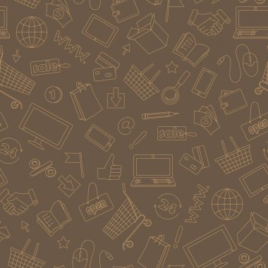 Online alışveriş ve Internet mağazaları, kahverengi arka plan bej kontur simgeleri konulu seamless modeli