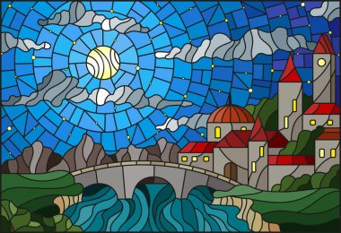 Vitray tarz ile eski şehir ve bir nehir üzerinde köprü resimde arka plan, bulutlu gökyüzü ve ay Dağları ile