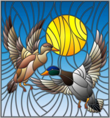 Vitray stili arka plan ördekleri çifti ile çizimde gündüz gökyüzü ve bulutlar