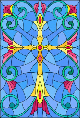 Vitray tarzı desen ve swirls mor bir zemin üzerine sarı bir haç ile resimde