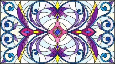 İllüstrasyon soyut swirls, vitray tarzında çiçekler ve hafif bir arka plan üzerinde yatay yönlendirme bırakır