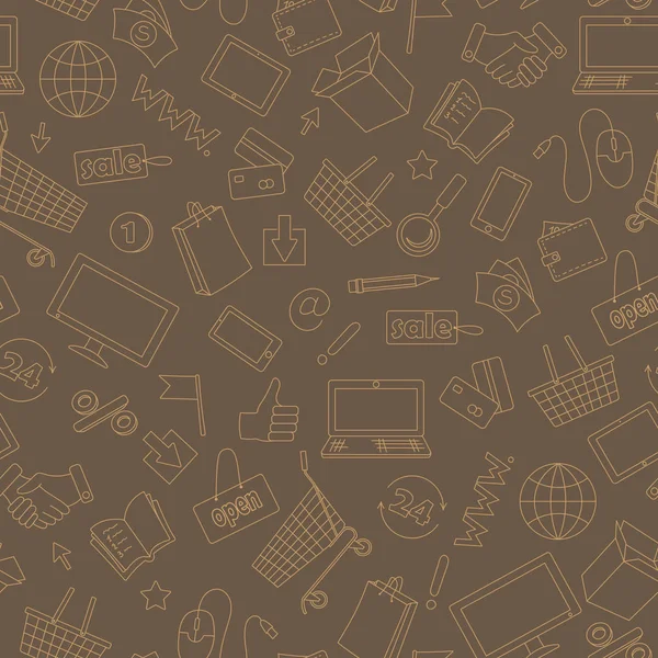 Wzór na temat online zakupy i sklepy internetowe, beżowy konturu ikony na brązowym tle — Wektor stockowy