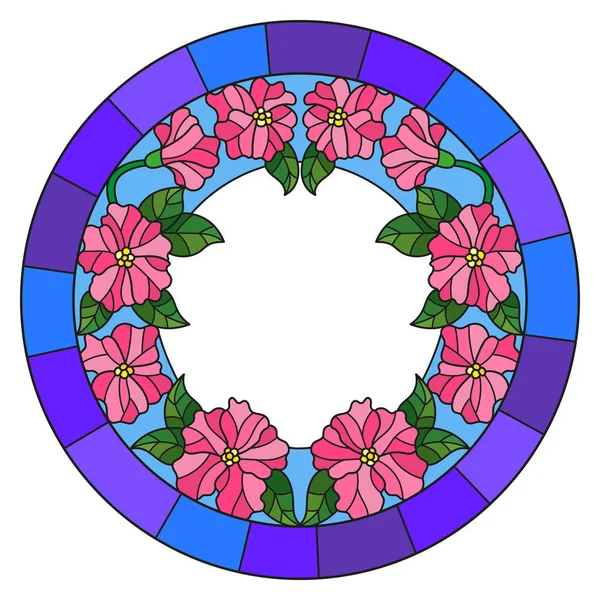 Ilustrace v vitráže stylu květinové rám, růžové květy a listy v modrém rámečku na bílém pozadí — Stockový vektor