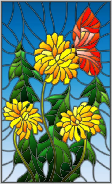Ilustración en estilo vidriera flor de Taraxacum y mariposa sobre fondo azul — Vector de stock