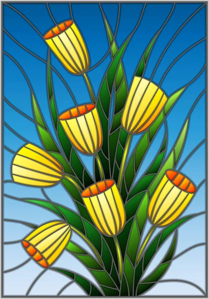 Ilustracja w stylu witrażu bukiet żółty tulipson niebieskim tle — Wektor stockowy