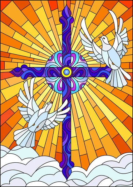 Ilustrasi dengan salib dan sepasang merpati putih dengan gaya kaca patri - Stok Vektor
