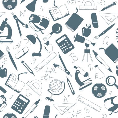 Okulu, beyaz arka plan üzerinde simgelerin bir gri siluetleri konulu seamless modeli 