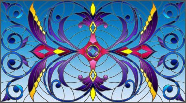 Mavi arka planda soyut girdaplar, çiçekler ve yapraklar ile boyalı cam tarzında resim, yatay yönelim