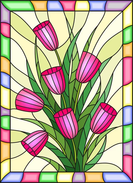 Ilustración en estilo vitral con un ramo de tulipanes rosados sobre fondo amarillo con marco brillante — Vector de stock