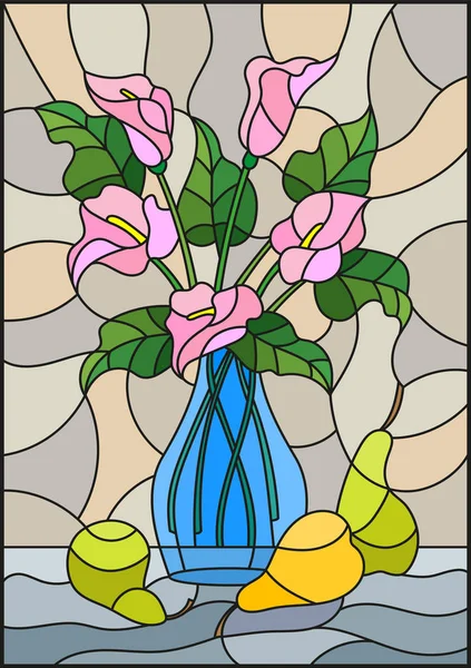 Illustration en vitrail avec des bouquets de fleurs roses de lis Calla dans un vase bleu et des poires sur table sur fond beige — Image vectorielle