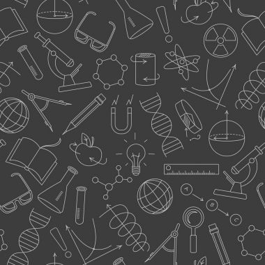 Simgelerin bilim ve buluşlar, diyagramlar, Çizelgeler ve donanımları, ışık basit kontur koyu arka plan üzerinde konulu seamless modeli