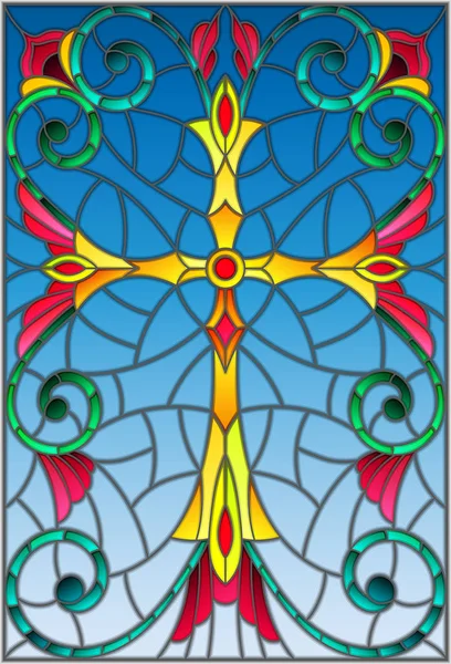 Illustration en vitrail avec une croix jaune sur fond violet avec motifs et tourbillons — Image vectorielle