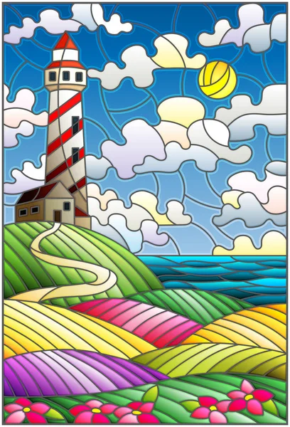 Illustration in stained glass style lighthouse on the backdrop of flowering fields against cloudy sky and sun — Stock Vector
