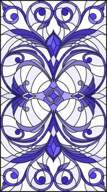 İllüstrasyon soyut swirls, vitray tarzında çiçekler ve hafif bir arka plan üzerinde dikey yönlendirme gama mavi yaprakları