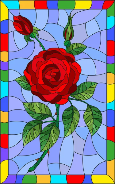 Ilustracja w Witraż kwiat stylu z czerwoną różą na niebieskim tle w jasnej ramki — Wektor stockowy