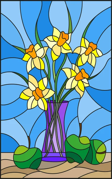 Illustration en vitrail avec des bouquets de fleurs Narcisse dans un vase bleu et des pommes sur table sur fond bleu — Image vectorielle