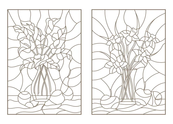 Décors contour du bouquet de vitraux de Callas, Narcisse, dans un vase — Image vectorielle