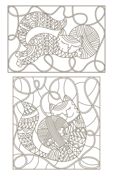 Conjunto de ilustraciones de contorno de vidrieras con gatos lindos abrazando madejas de hilo — Vector de stock