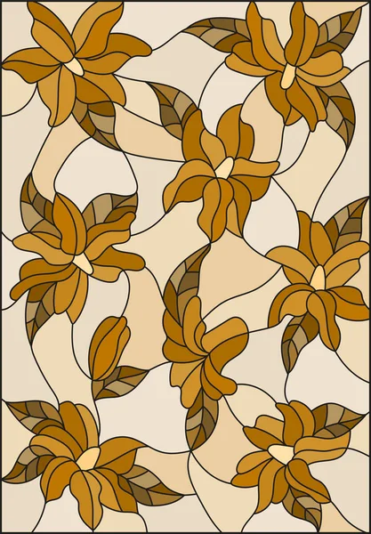 Иллюстрация в стиле витража с переплетенными лилиями и листьями, темно-коричневый, Сепия — стоковый вектор