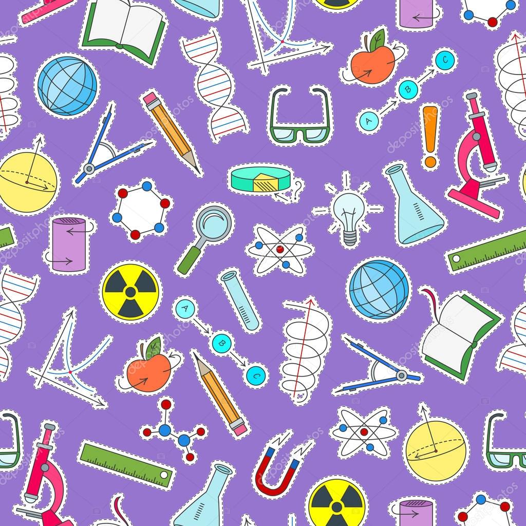 Seamless pattern on the theme of science and inventions, diagrams, charts, and equipment, simple patch icons on purple background