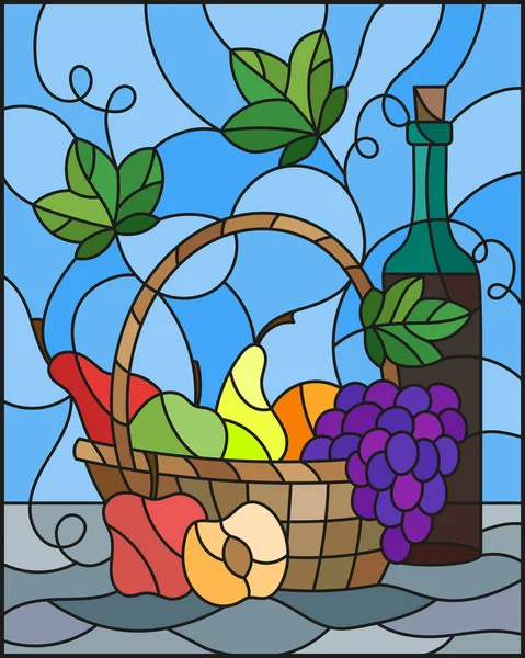 Ілюстрація в вітражному стилі живопису з натюрмортом, пляшкою вина та фруктами на синьому фоні — стоковий вектор