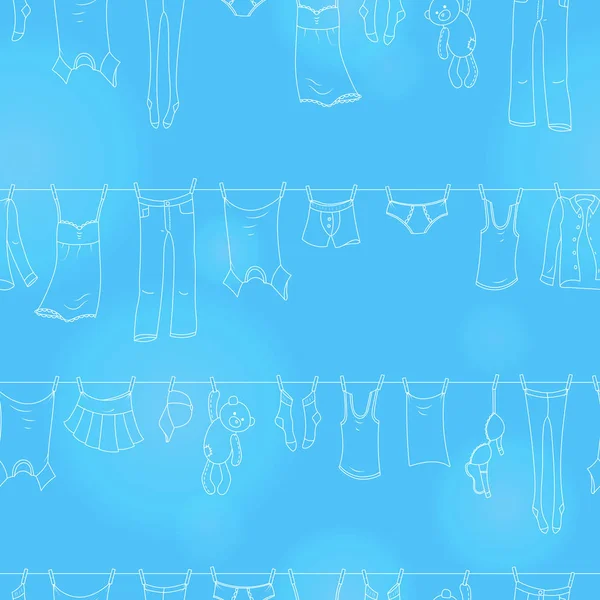 세척 및 청결의 주제, 다양 한 옷, 파란색 배경 조명 윤곽 아이콘에 완벽 한 패턴 — 스톡 벡터