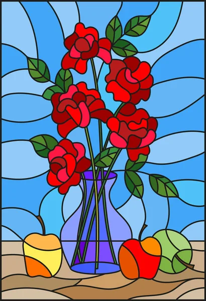 Иллюстрация в витражном стиле с букетами цветов роз в синей вазе и яблоками на столе на синем фоне — стоковый вектор