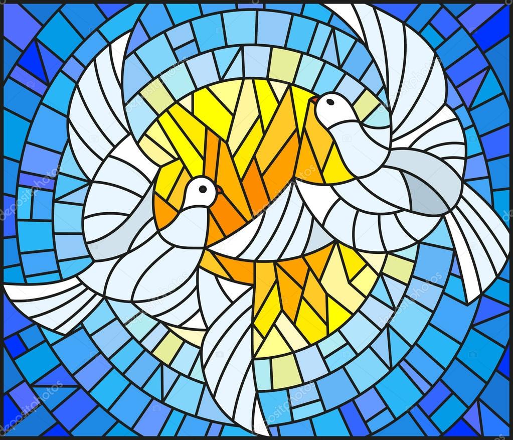 Illustration in stained glass style with a pair of white doves on the background of the daytime sky 