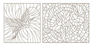 Gökyüzü ve güneş vitray kuşlar çift güvercin ve leylek kontur çizimleri ayarla