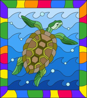 Vitray stil kaplumbağa çizimde dalgalar ve parlak bir çerçeve içinde hava kabarcıkları