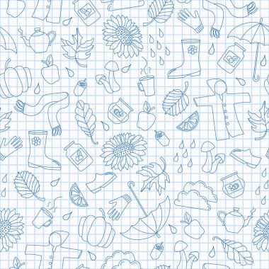 Sonbahar, basit bir mavi kontur simgeler temiz yazma kitap gökyüzünde bir kafeste konulu seamless modeli