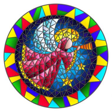 Vitray stil çizimde üfleme boru, yuvarlak resim çerçevesi parlak pembe elbise içinde soyut bir melek ile