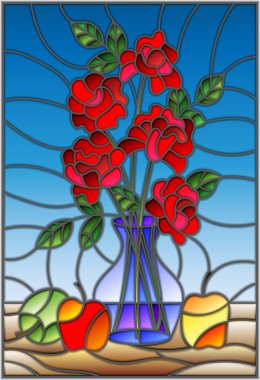 Gül çiçek mavi bir vazo ve mavi zemin üzerine masada elma buketleri ile vitray tarzında illüstrasyon