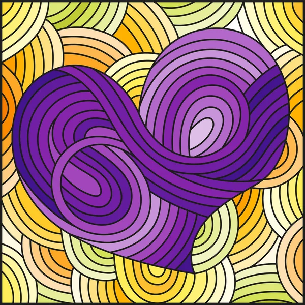 Illustration en style vitrail avec un cœur violet abstrait sur fond jaune — Image vectorielle