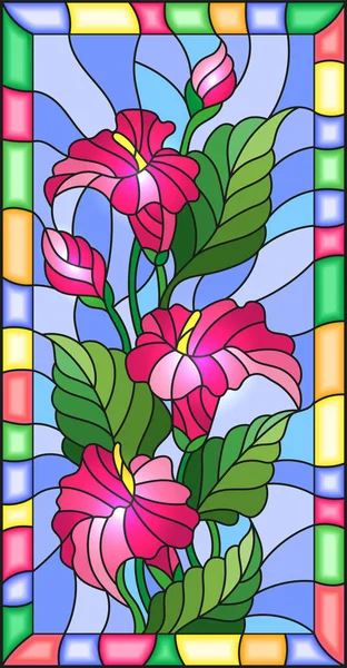 Ілюстрація у вітражному стилі з квітами, бутонами та листям рожевої квітки Кали в яскравій рамці — стоковий вектор