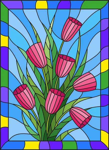Иллюстрация в витражном стиле с букетом розовых тюльпанов на синем фоне с яркой рамкой — стоковый вектор