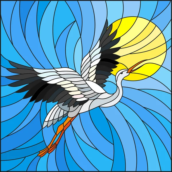 Illustration in Glasmalerei Storch auf dem Hintergrund von Himmel, Sonne und Sonne — Stockvektor