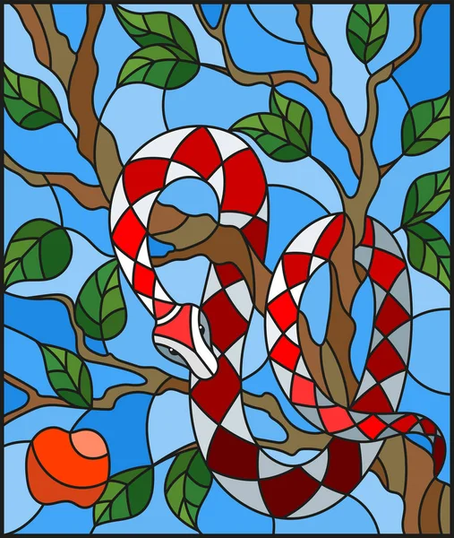 Illusztráció a stílusban festett üveg, színes kígyó, a kék háttér almafa — Stock Vector
