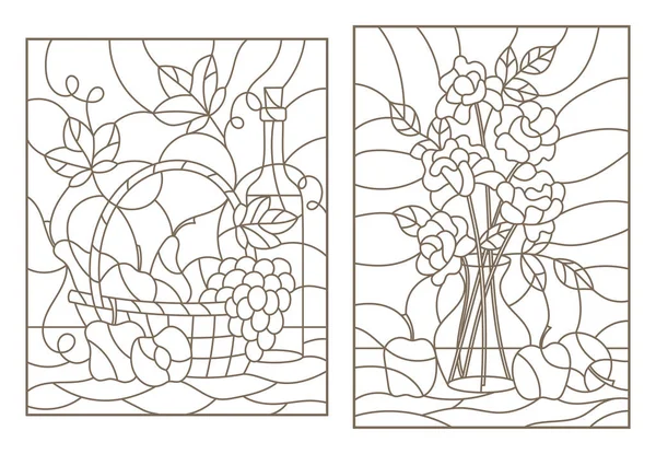 De illustraties in de stijl van gebrandschilderd glas met stilleven druiven, wijn en bouquet van rozen en fruit, donkere overzicht op een witte achtergrond — Stockvector